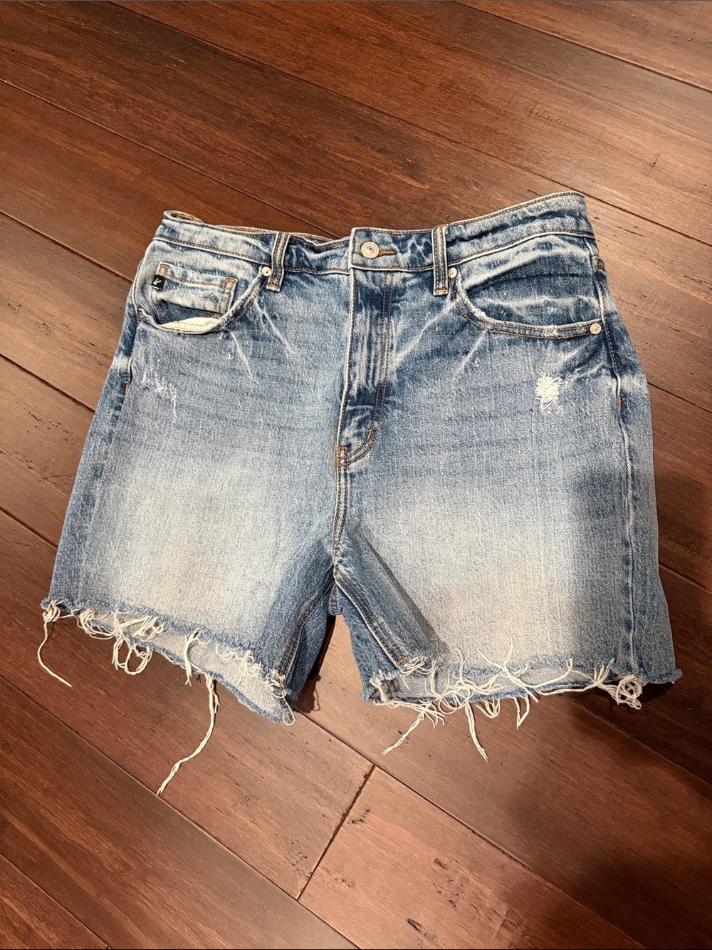KanCan Vintage-Style Distressed Denim Shorts - Light Blue